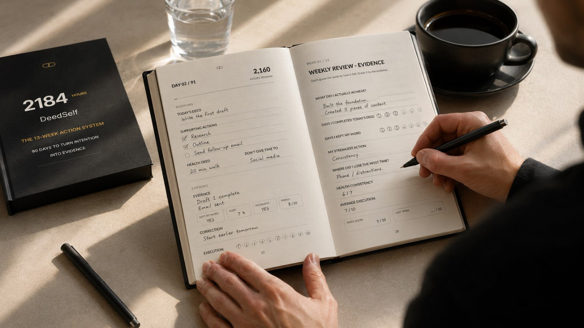 DEED SELF journal in use with daily and weekly review pages