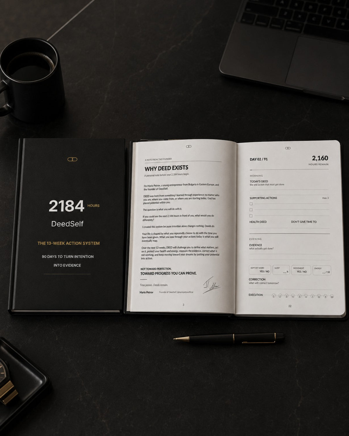 DEED SELF journal open to founder note and daily action page